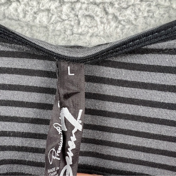 Seven7 Blouse Women's Large High Low Hem Gray Black  Sheer Sleeves Stripes - Picture 5 of 8